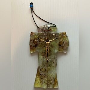 Bronze Sculptured Jesus on a Green Murano Glass Cross 6”